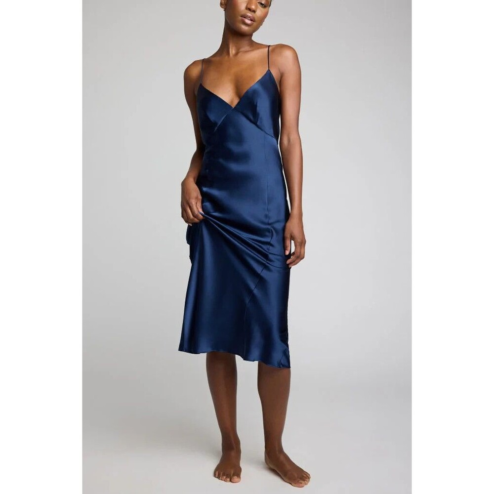 Negative Underwear Eclipse Silk Slip Dress Small Navy MSRP $198